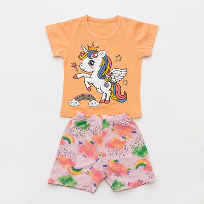 Girls Unicorn Print T-Shirt & Rainbow Shorts Set | Cute Summer Co-Ord Set for Girls