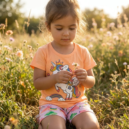 Girls Unicorn Print T-Shirt & Rainbow Shorts Set | Cute Summer Co-Ord Set for Girls