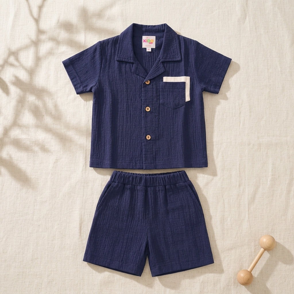 Boys Premium Navy Blue Muslin Co-Ord Set | Soft Cotton Muslin Shirt & Shorts Set for Boys