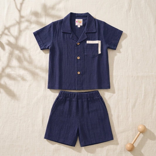 Boys Premium Navy Blue Muslin Co-Ord Set | Soft Cotton Muslin Shirt & Shorts Set for Boys