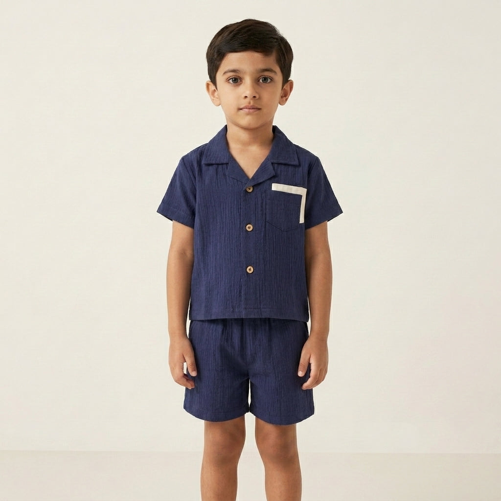 Boys Premium Navy Blue Muslin Co-Ord Set | Soft Cotton Muslin Shirt & Shorts Set for Boys