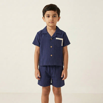 Boys Premium Navy Blue Muslin Co-Ord Set | Soft Cotton Muslin Shirt & Shorts Set for Boys