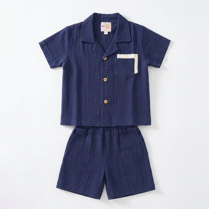 Boys Premium Navy Blue Muslin Co-Ord Set | Soft Cotton Muslin Shirt & Shorts Set for Boys