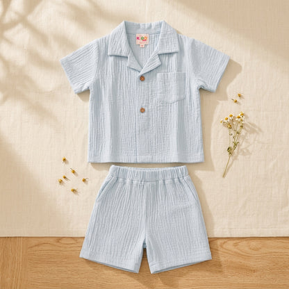 Boys Premium Muslin Co-Ord Set | Sky Blue Cotton Muslin Shirt & Shorts Set for Boys