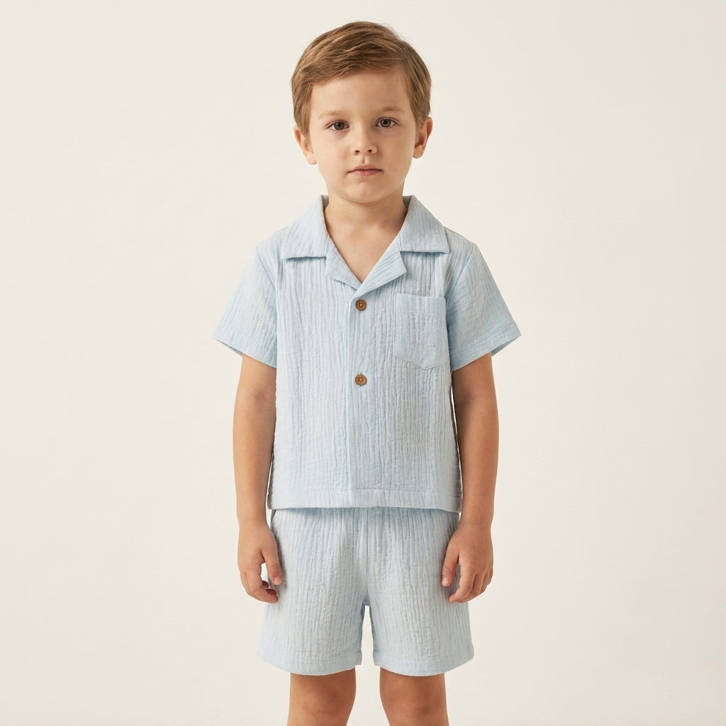 Boys Premium Muslin Co-Ord Set | Sky Blue Cotton Muslin Shirt & Shorts Set for Boys