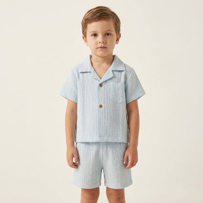 Boys Premium Muslin Co-Ord Set | Sky Blue Cotton Muslin Shirt & Shorts Set for Boys