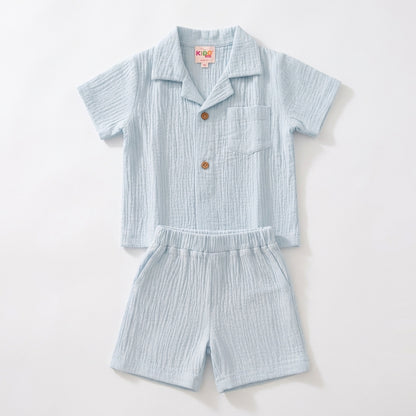 Boys Premium Muslin Co-Ord Set | Sky Blue Cotton Muslin Shirt & Shorts Set for Boys