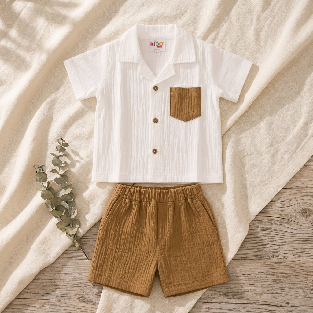 Boys Premium Muslin Co-Ord Set | White Cotton Muslin Shirt & Brown Shorts Set for Boys