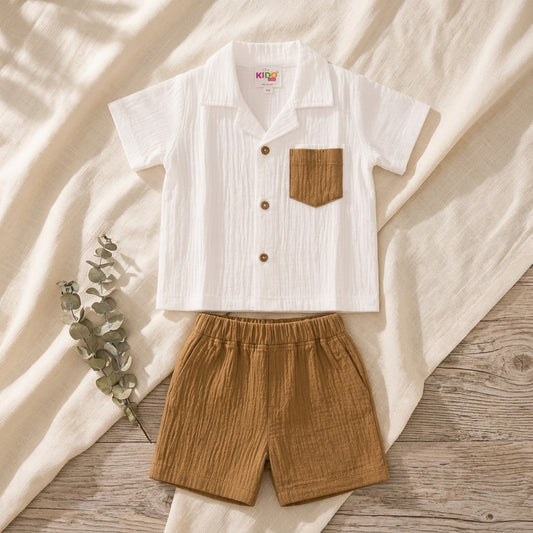 Boys Premium Muslin Co-Ord Set | White Cotton Muslin Shirt & Brown Shorts Set for Boys