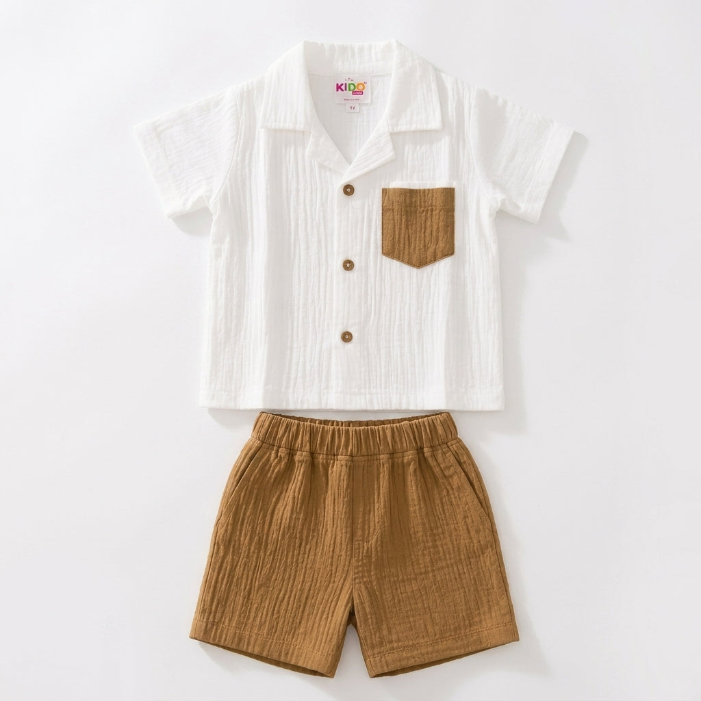 Boys Premium Muslin Co-Ord Set | White Cotton Muslin Shirt & Brown Shorts Set for Boys