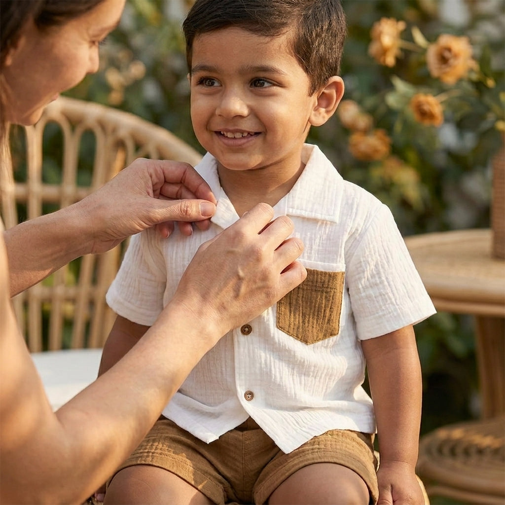 Boys Premium Muslin Co-Ord Set | White Cotton Muslin Shirt & Brown Shorts Set for Boys