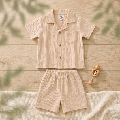 Boys Premium Beige Muslin Co-Ord Set | Soft Cotton Muslin Shirt & Shorts Set for Boys