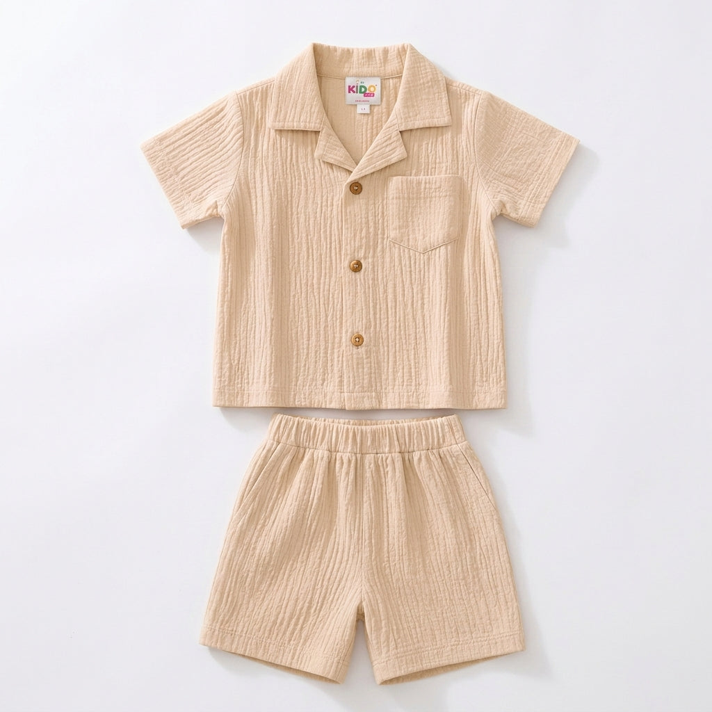 Boys Premium Beige Muslin Co-Ord Set | Soft Cotton Muslin Shirt & Shorts Set for Boys