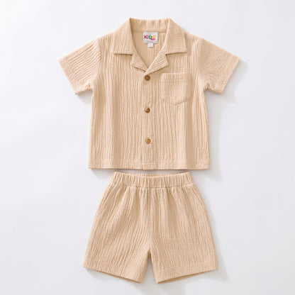Boys Premium Beige Muslin Co-Ord Set | Soft Cotton Muslin Shirt & Shorts Set for Boys