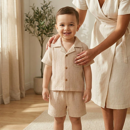 Boys Premium Beige Muslin Co-Ord Set | Soft Cotton Muslin Shirt & Shorts Set for Boys