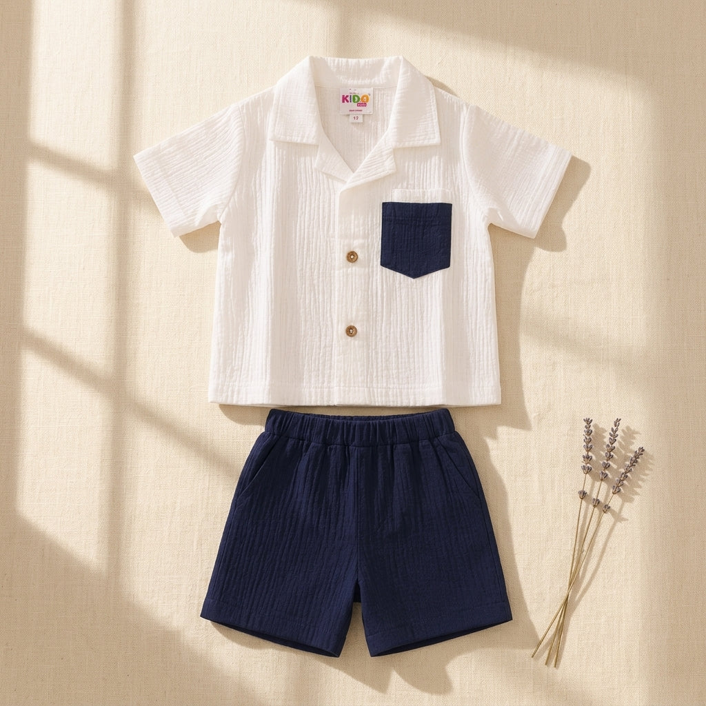 Boys Premium Muslin Co-Ord Set | White & Navy Blue Cotton Muslin Shirt & Shorts Set