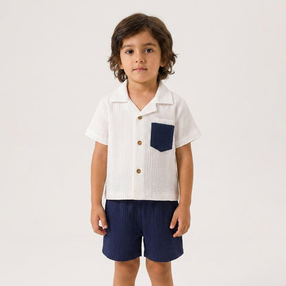 Boys Premium Muslin Co-Ord Set | White & Navy Blue Cotton Muslin Shirt & Shorts Set
