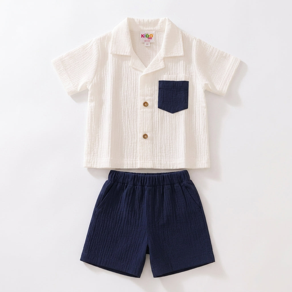Boys Premium Muslin Co-Ord Set | White & Navy Blue Cotton Muslin Shirt & Shorts Set