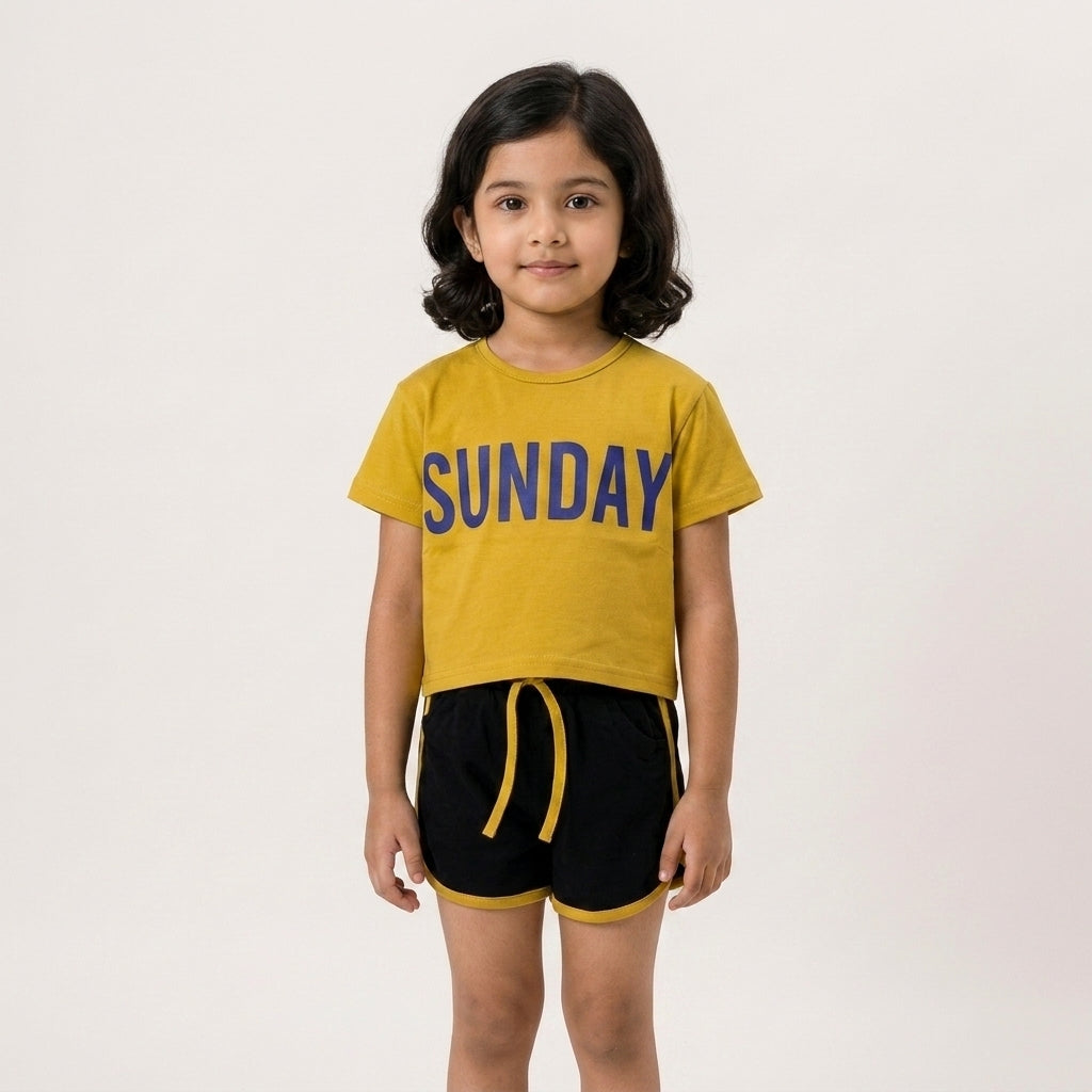 Girls Yellow T-Shirt & Black Shorts Set | Casual Cotton Co-Ord Outfit for Girls