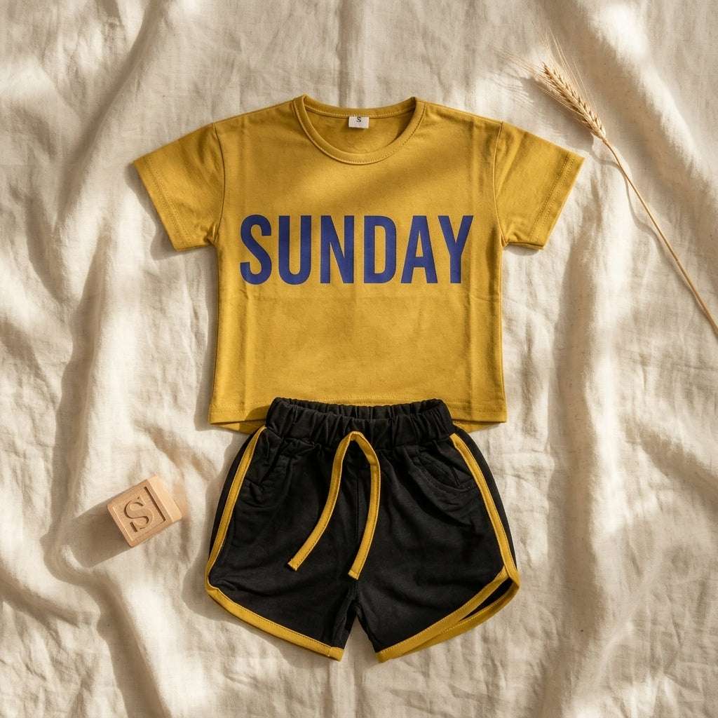 Girls Yellow T-Shirt & Black Shorts Set | Casual Cotton Co-Ord Outfit for Girls