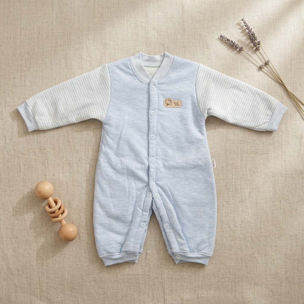 Sky Blue Cotton Baby Boy Romper | Soft Full-Sleeve Button Romper for Newborns & Infants