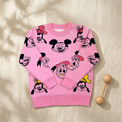 Girls Pink Character Print Knit Sweater | Cute Full-Sleeve Winter Sweater for Kids