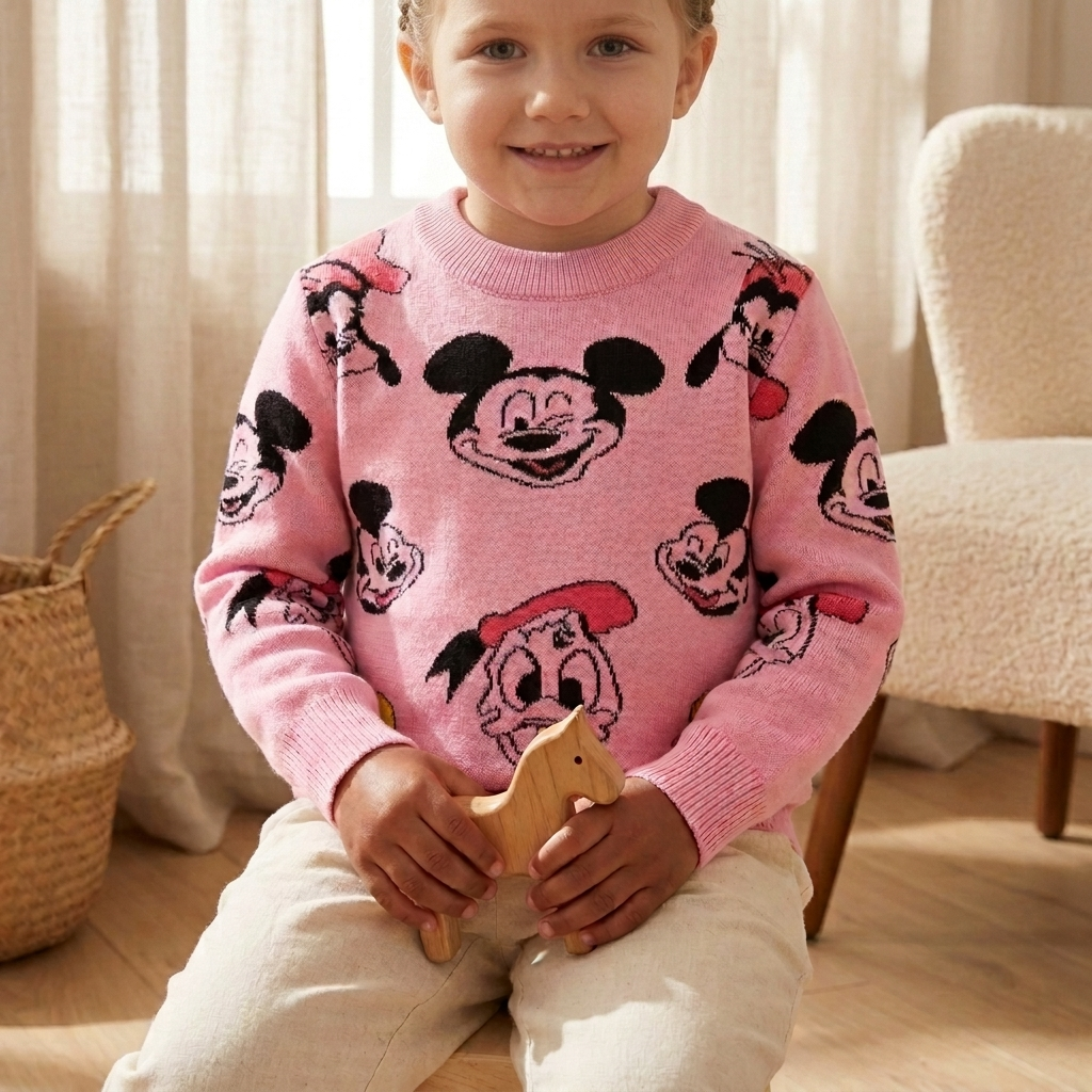 Girls Pink Character Print Knit Sweater | Cute Full-Sleeve Winter Sweater for Kids
