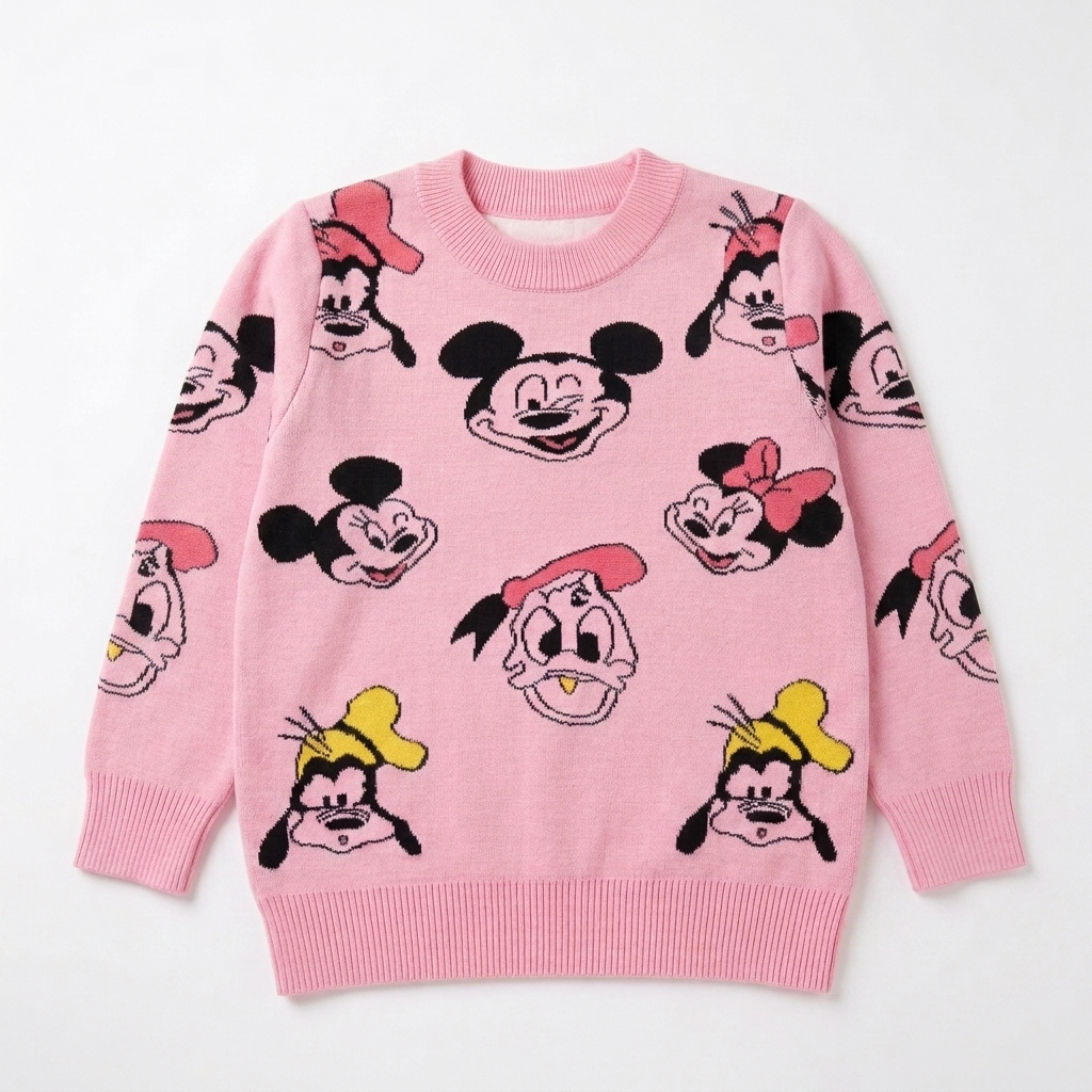 Girls Pink Character Print Knit Sweater | Cute Full-Sleeve Winter Sweater for Kids