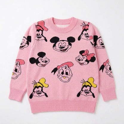 Girls Pink Character Print Knit Sweater | Cute Full-Sleeve Winter Sweater for Kids