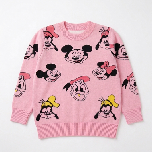 Girls Pink Character Print Knit Sweater | Cute Full-Sleeve Winter Sweater for Kids
