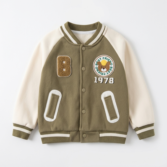 Boys Olive Green Varsity Jacket | Stylish Full-Sleeve Bomber Jacket for Kids