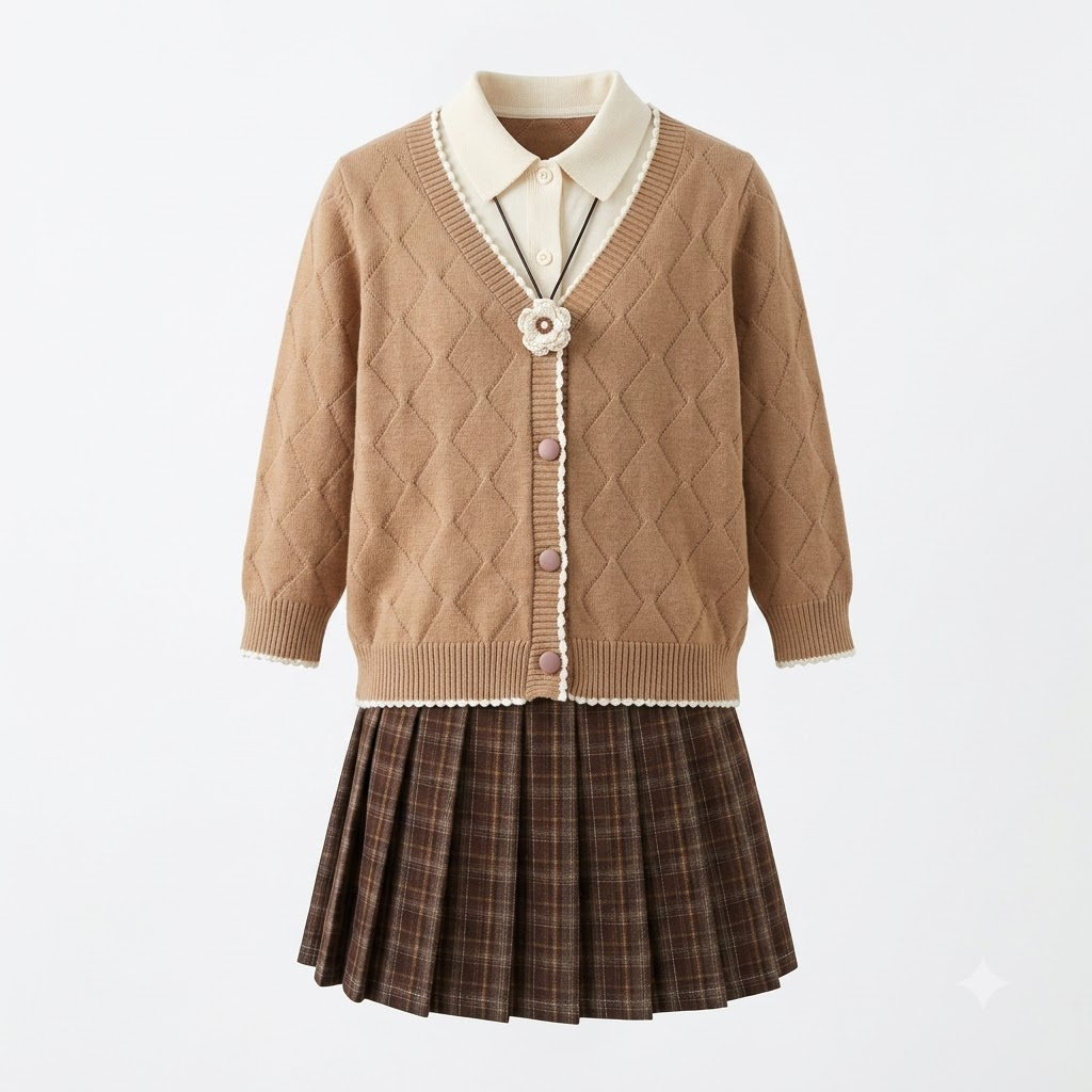 Girls Brown Plaid Skirt & Knit Cardigan Set | Collared Top & Sweater Co-ord Set