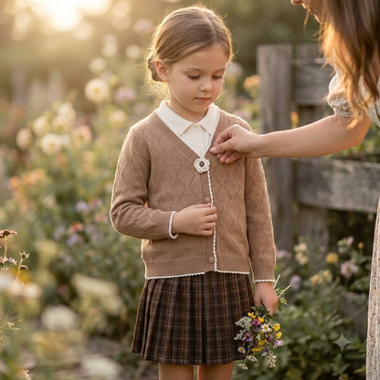 Girls Brown Plaid Skirt & Knit Cardigan Set | Collared Top & Sweater Co-ord Set