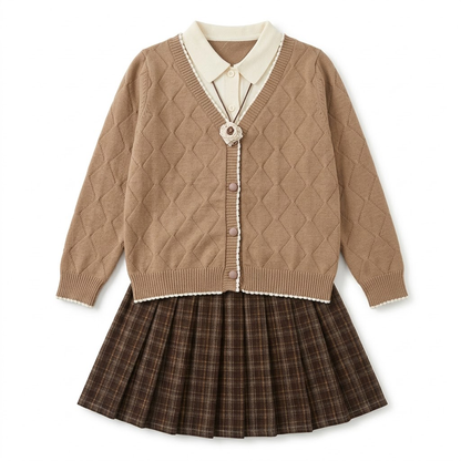 Girls Brown Plaid Skirt & Knit Cardigan Set | Collared Top & Sweater Co-ord Set