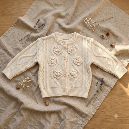 Girls Cream Floral Knit Sweater Cardigan