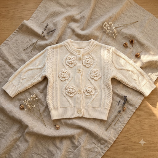 Girls Cream Floral Knit Sweater Cardigan