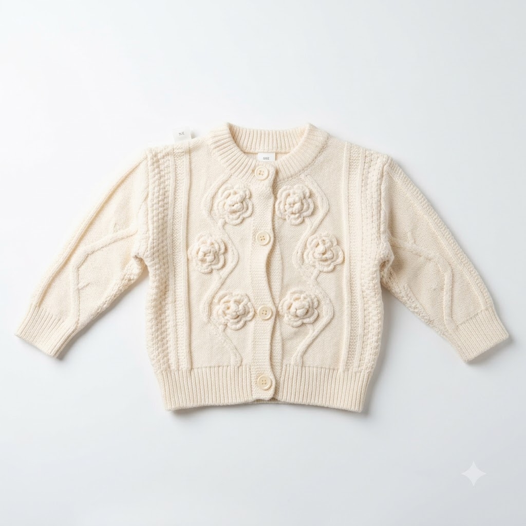 Girls Cream Floral Knit Sweater Cardigan
