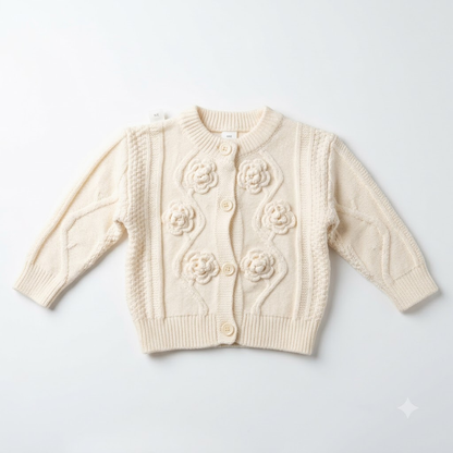 Girls Cream Floral Knit Sweater Cardigan