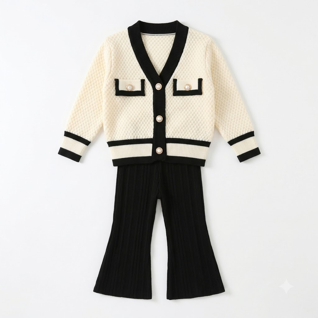 Girls Cream & Black Knit Co-Ord Set with Flared Pants
