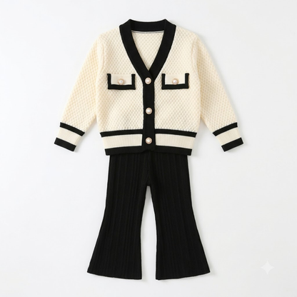 Girls Cream & Black Knit Co-Ord Set with Flared Pants