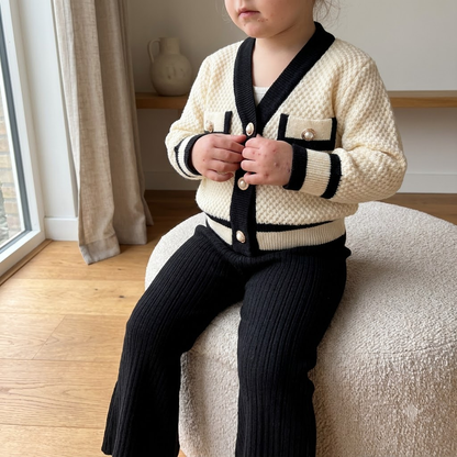 Girls Cream & Black Knit Co-Ord Set with Flared Pants
