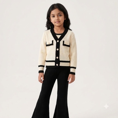 Girls Cream & Black Knit Co-Ord Set with Flared Pants