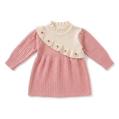 Girls Dusty Pink Knit Frock with Cream Floral Yoke