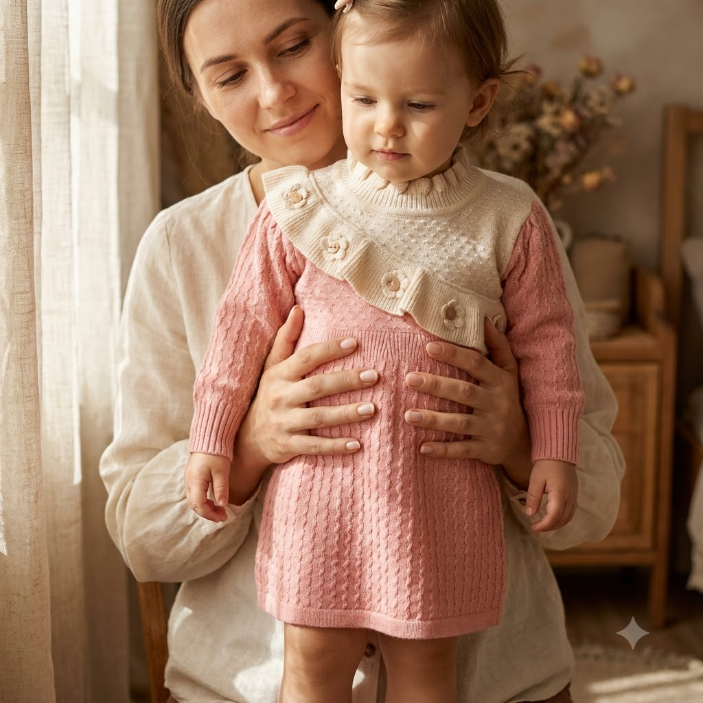 Girls Dusty Pink Knit Frock with Cream Floral Yoke
