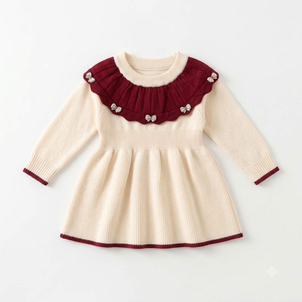 Girls Cream Knit Winter Dress with Burgundy Ruffle Collar