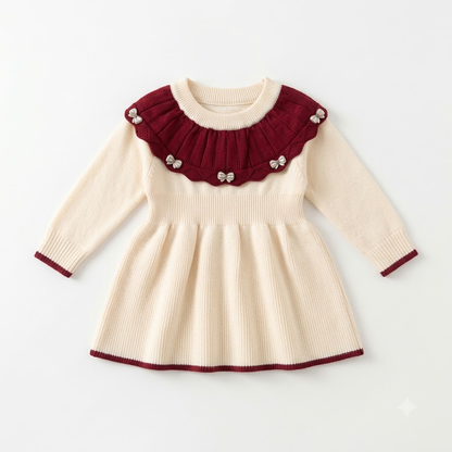 Girls Cream Knit Winter Dress with Burgundy Ruffle Collar