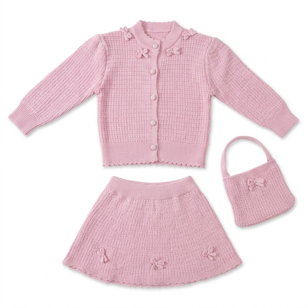 Girls Pink Knit Sweater & Skirt Set with Matching Purse