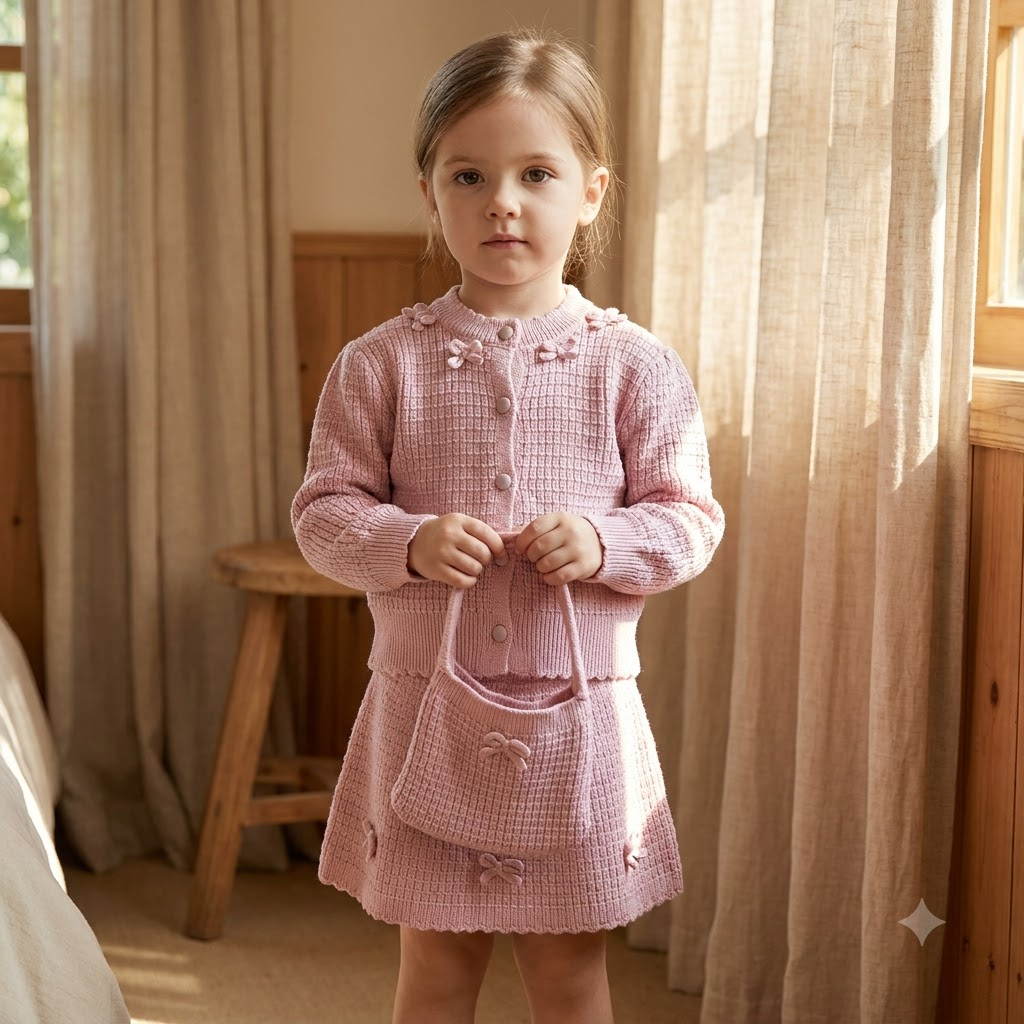 Girls Pink Knit Sweater & Skirt Set with Matching Purse
