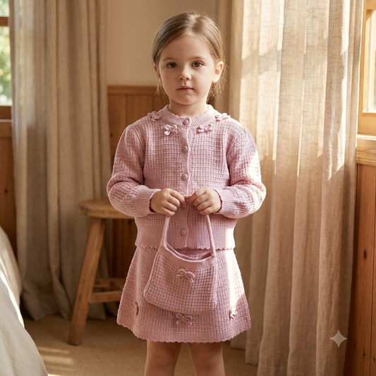 Girls Pink Knit Sweater & Skirt Set with Matching Purse
