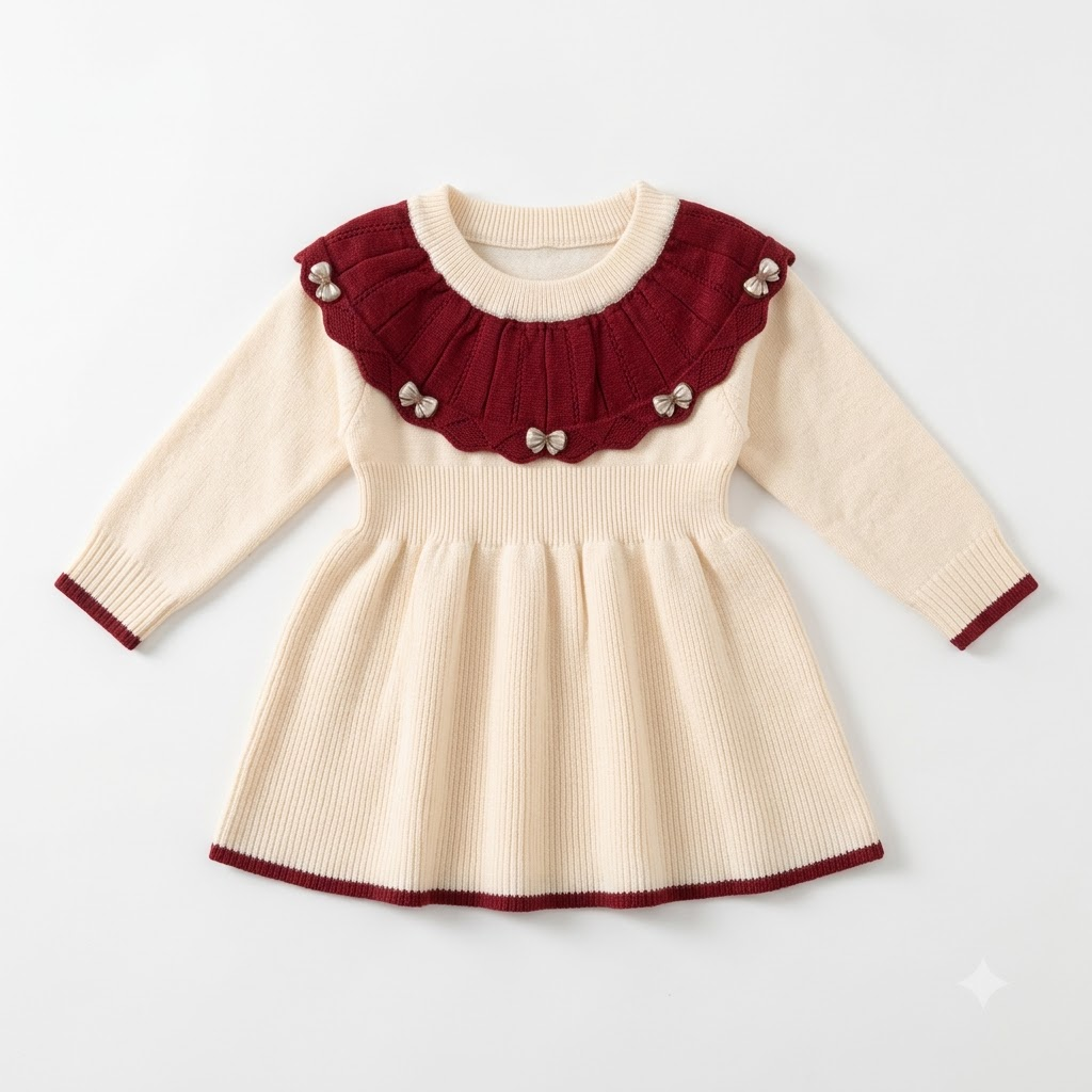Girls Cream Knit Winter Dress with Burgundy Ruffle Collar